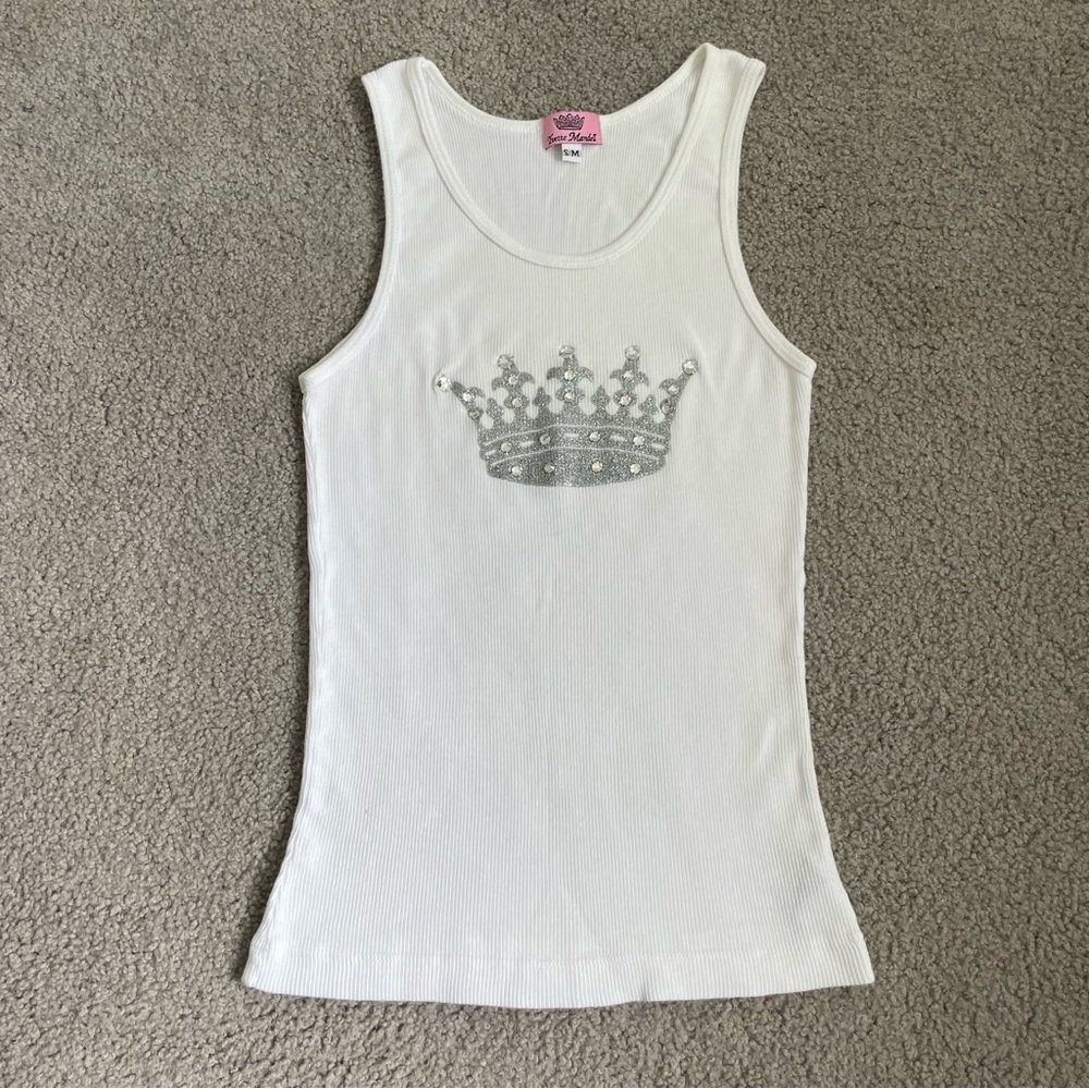 Y2K White Cotton Tank Top with Silver Crown